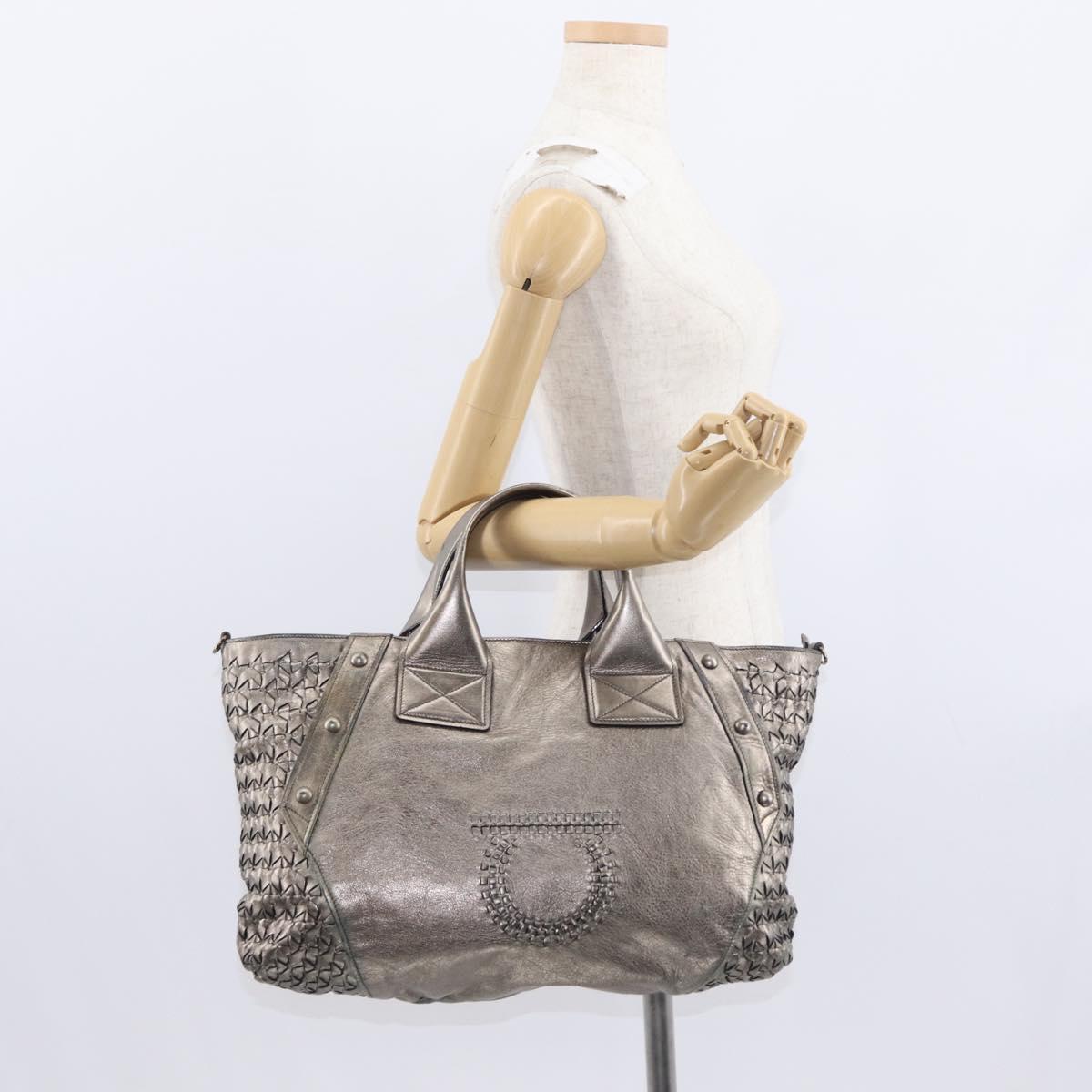 Salvatore Ferragamo Gancini Hand Bag Leather Silver Auth 153866