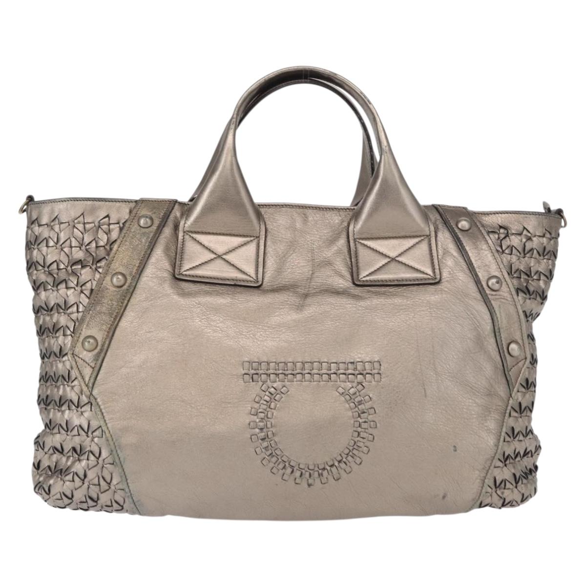 Salvatore Ferragamo Gancini Hand Bag Leather Silver Auth 153866