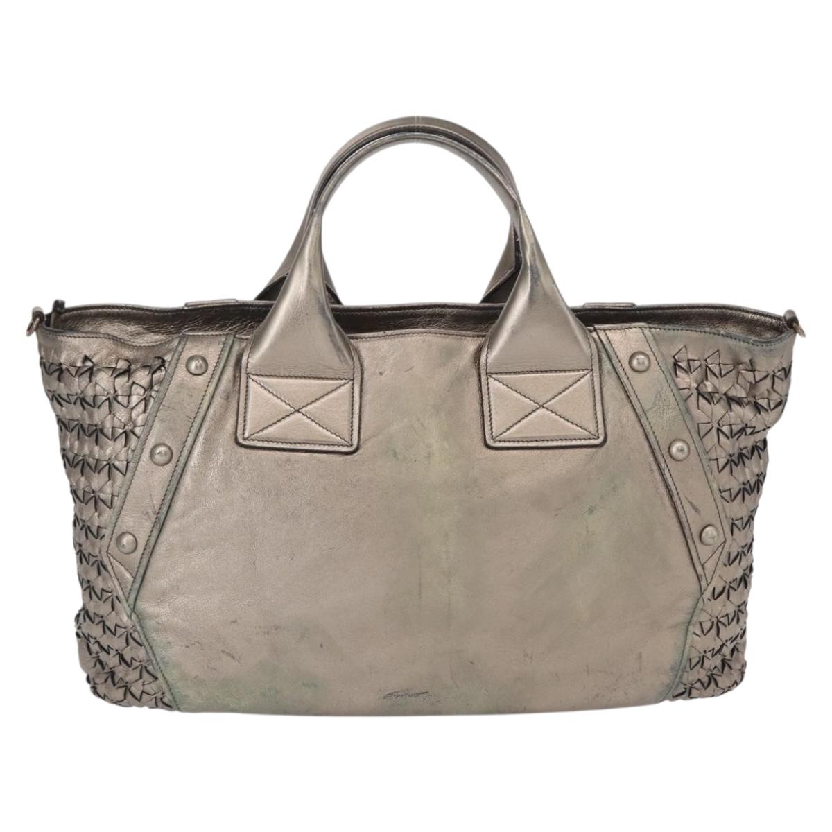 Salvatore Ferragamo Gancini Hand Bag Leather Silver Auth 153866