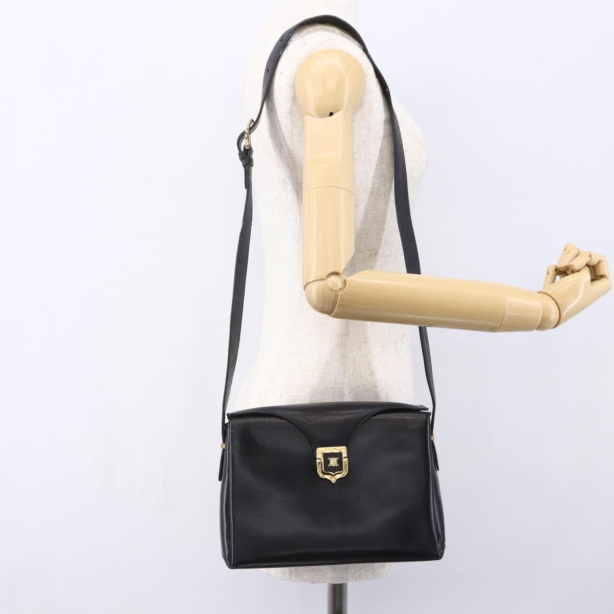 CELINE Shoulder Bag Leather Black Gold Auth 153884