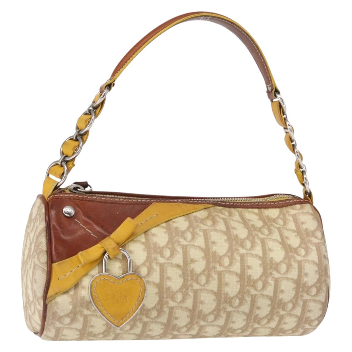 Christian Dior Trotter Canvas Romantic Hand Bag PVC Beige Silver Auth 153888