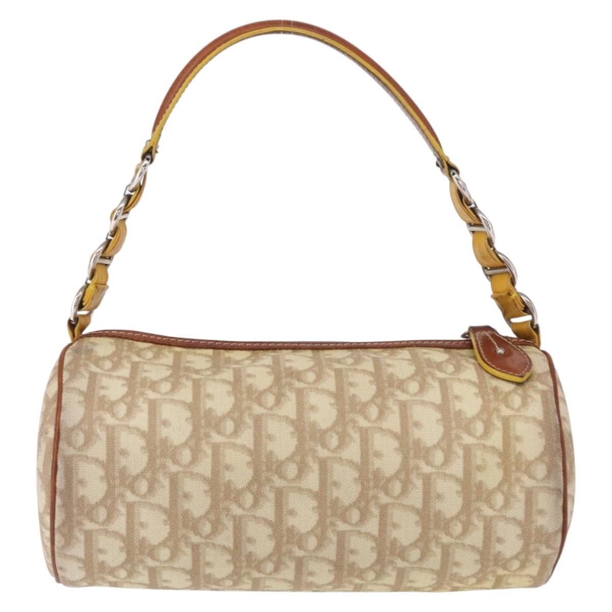 Christian Dior Trotter Canvas Romantic Hand Bag PVC Beige Silver Auth 153888