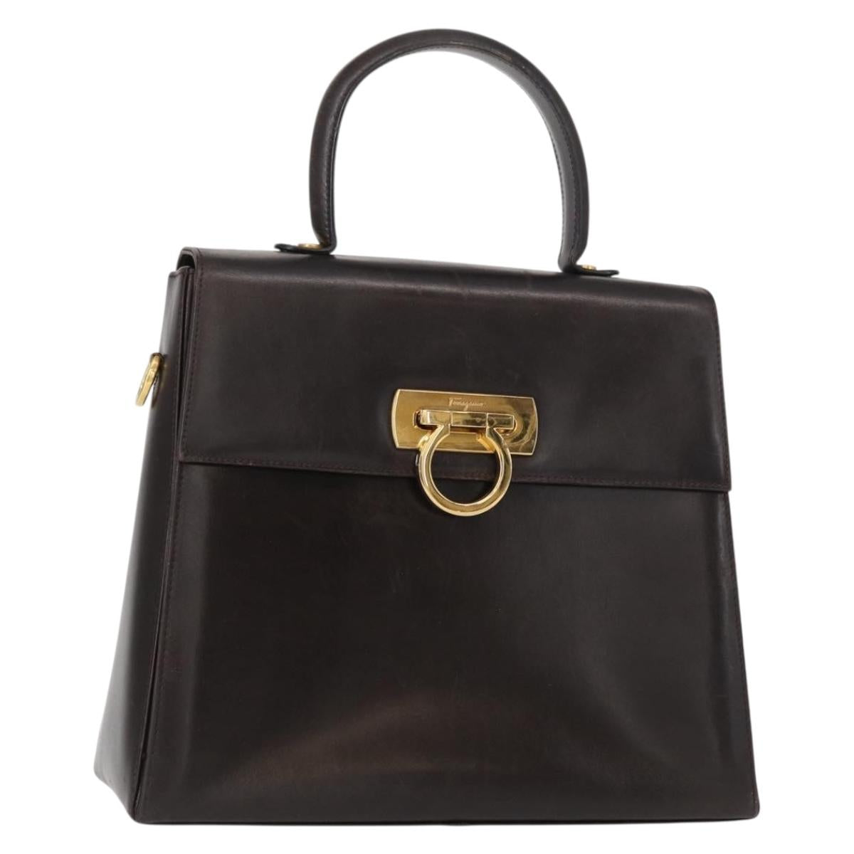 Salvatore Ferragamo Gancini Hand Bag Leather Black Gold Auth 153902