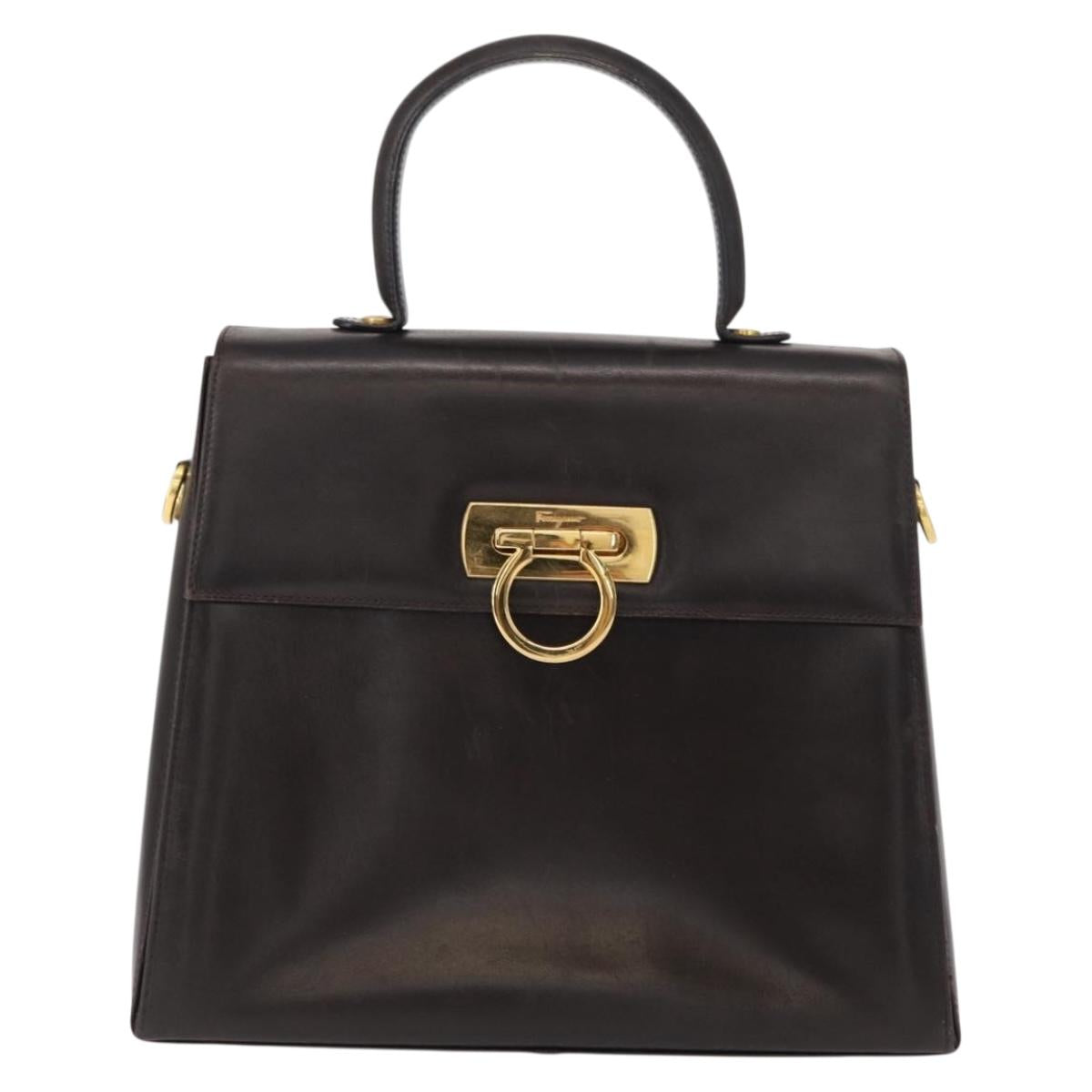 Salvatore Ferragamo Gancini Hand Bag Leather Black Gold Auth 153902