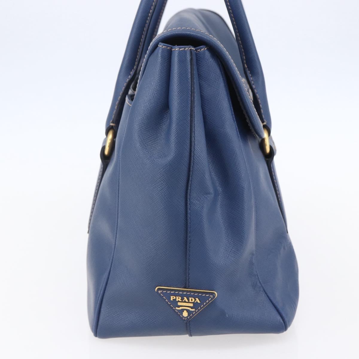 PRADA Hand Bag Safiano Leather Blue Gold Auth 153910
