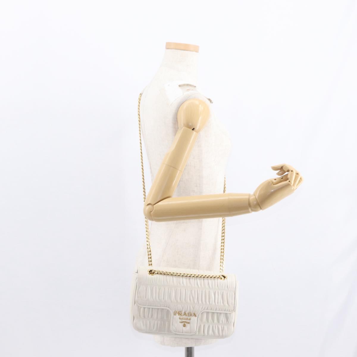 PRADA Gathered Chain Shoulder Bag Leather White Gold Auth 153930