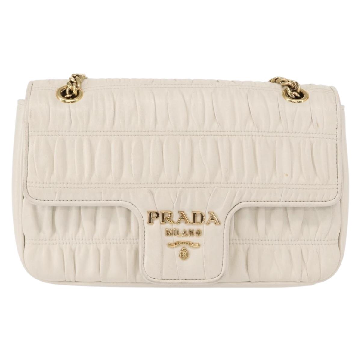 PRADA Gathered Chain Shoulder Bag Leather White Gold Auth 153930