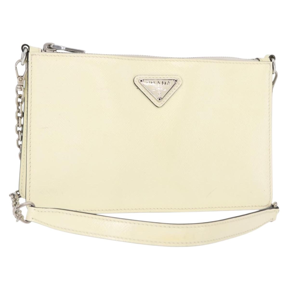 PRADA Chain Shoulder Bag Safiano leather White Silver Auth 153937