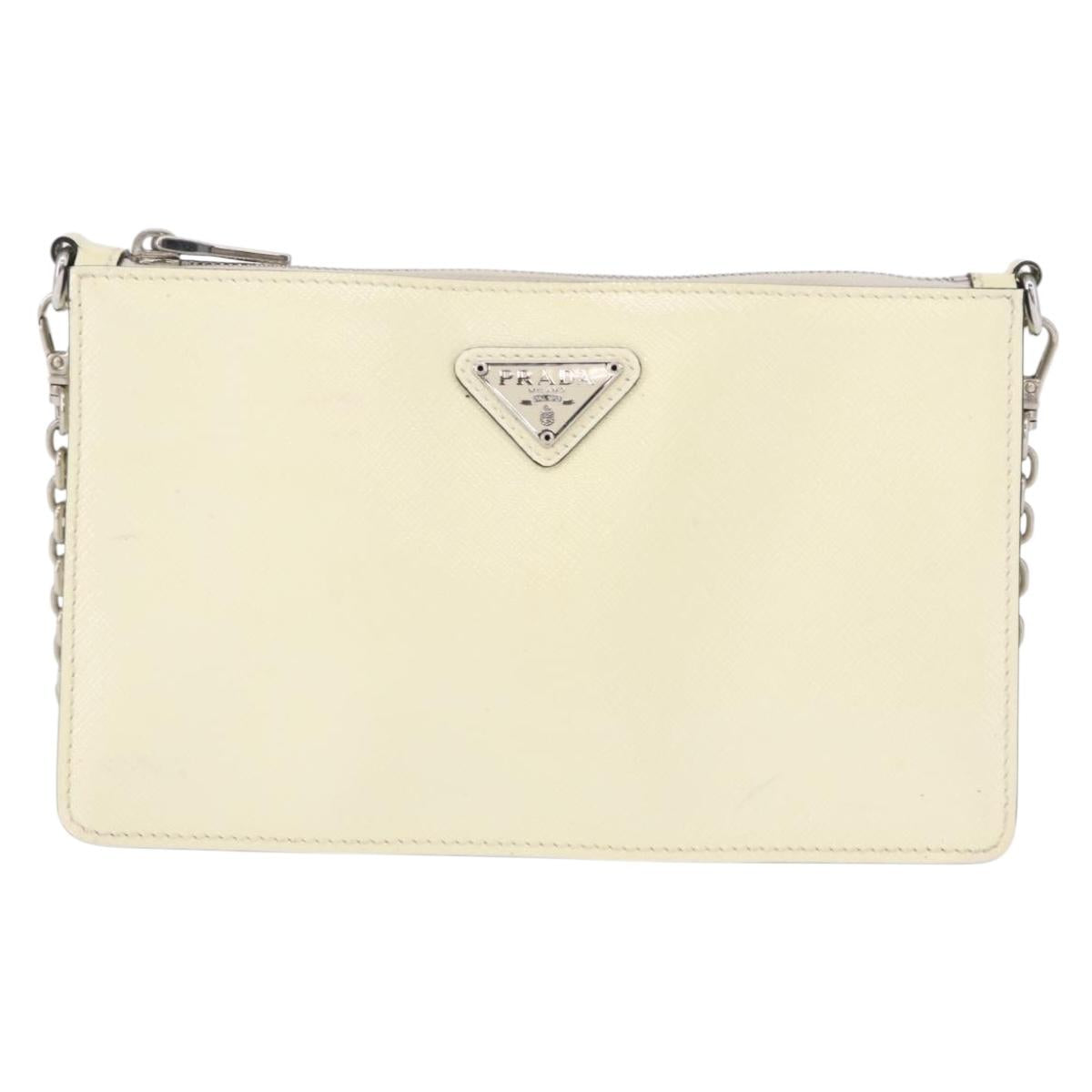 PRADA Chain Shoulder Bag Safiano leather White Silver Auth 153937