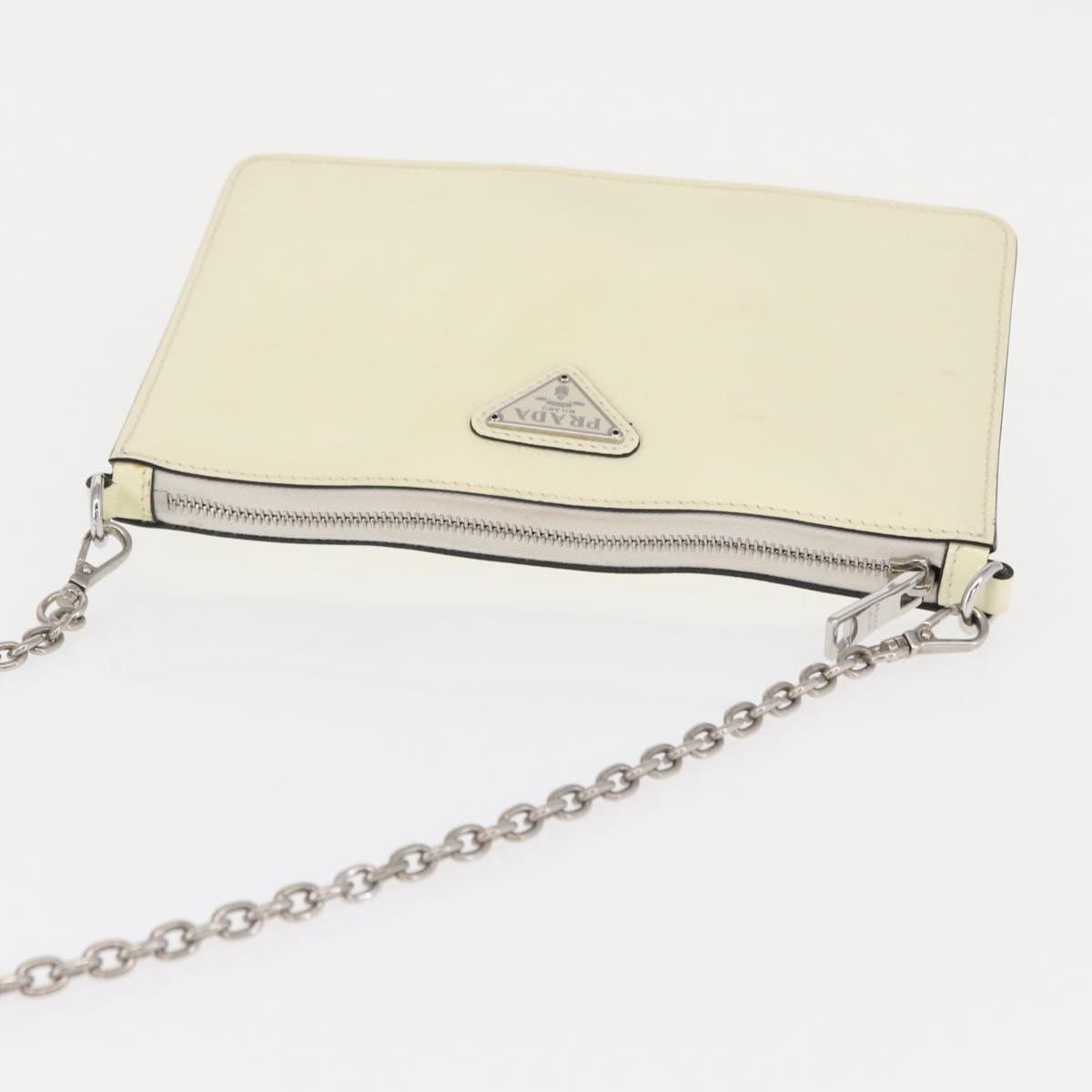 PRADA Chain Shoulder Bag Safiano leather White Silver Auth 153937