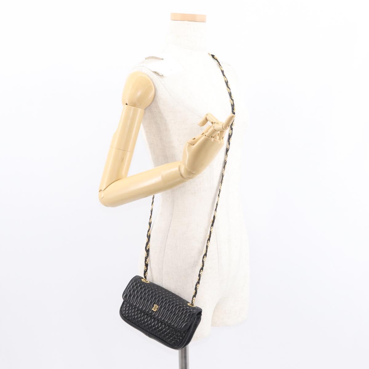 BALLY Quilted Chain Shoulder Bag Leather Black Gold Auth 153938