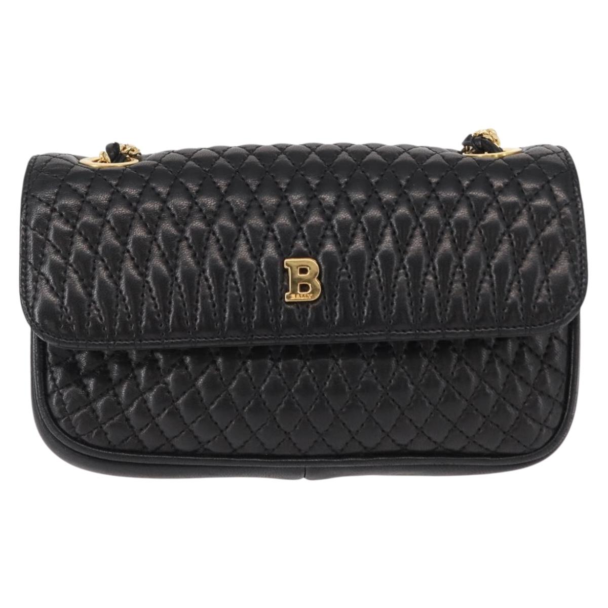 BALLY Quilted Chain Shoulder Bag Leather Black Gold Auth 153938