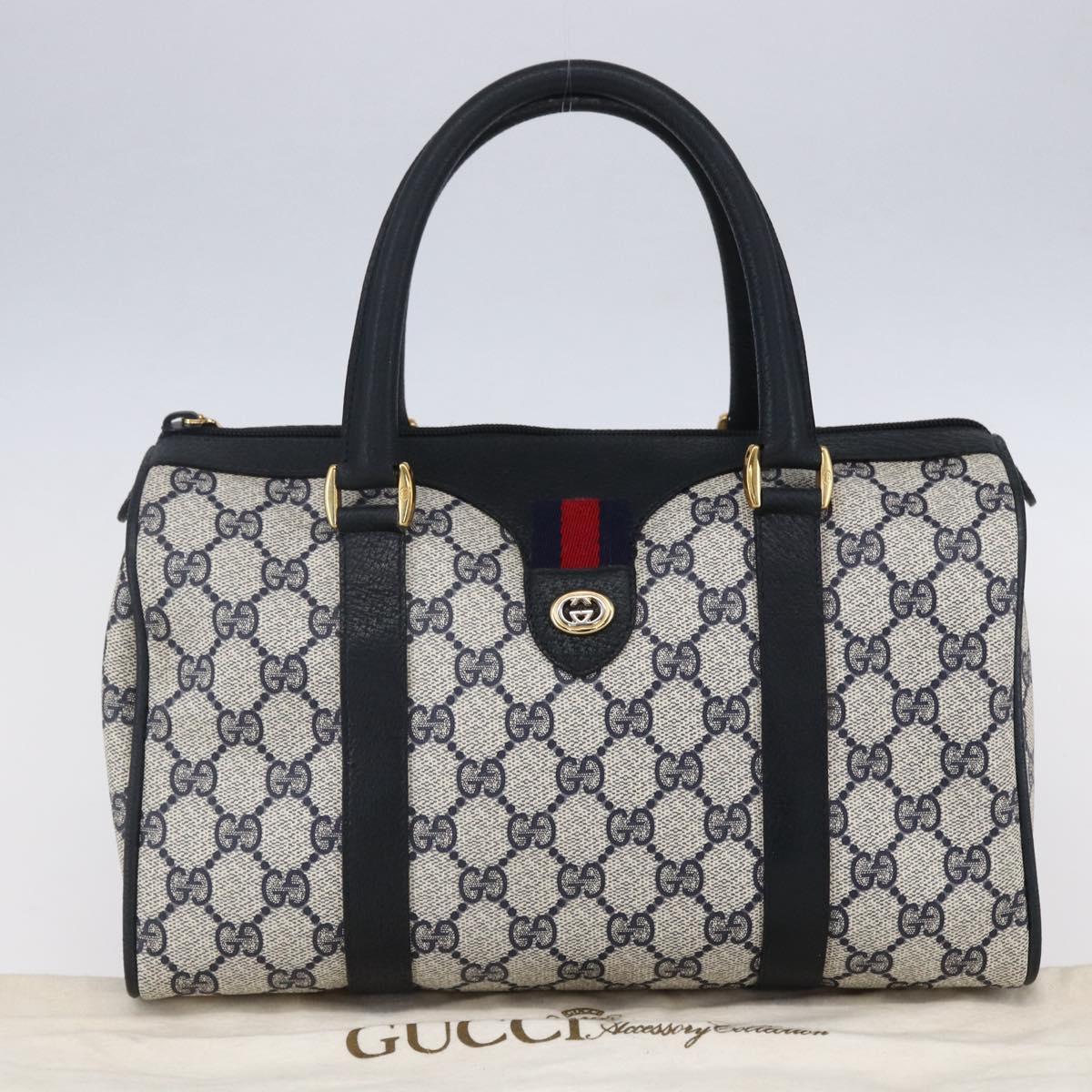 GUCCI GG Supreme Sherry Line Boston Bag PVC Navy Gold Red 116 02 006 Auth 153955