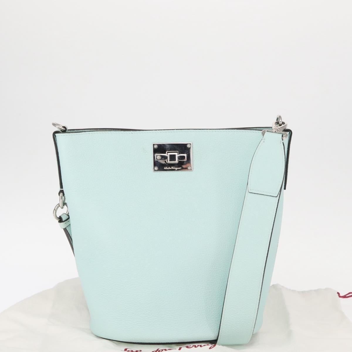 Salvatore Ferragamo Gancini Shoulder Bag Leather Light Blue Silver Auth 153957