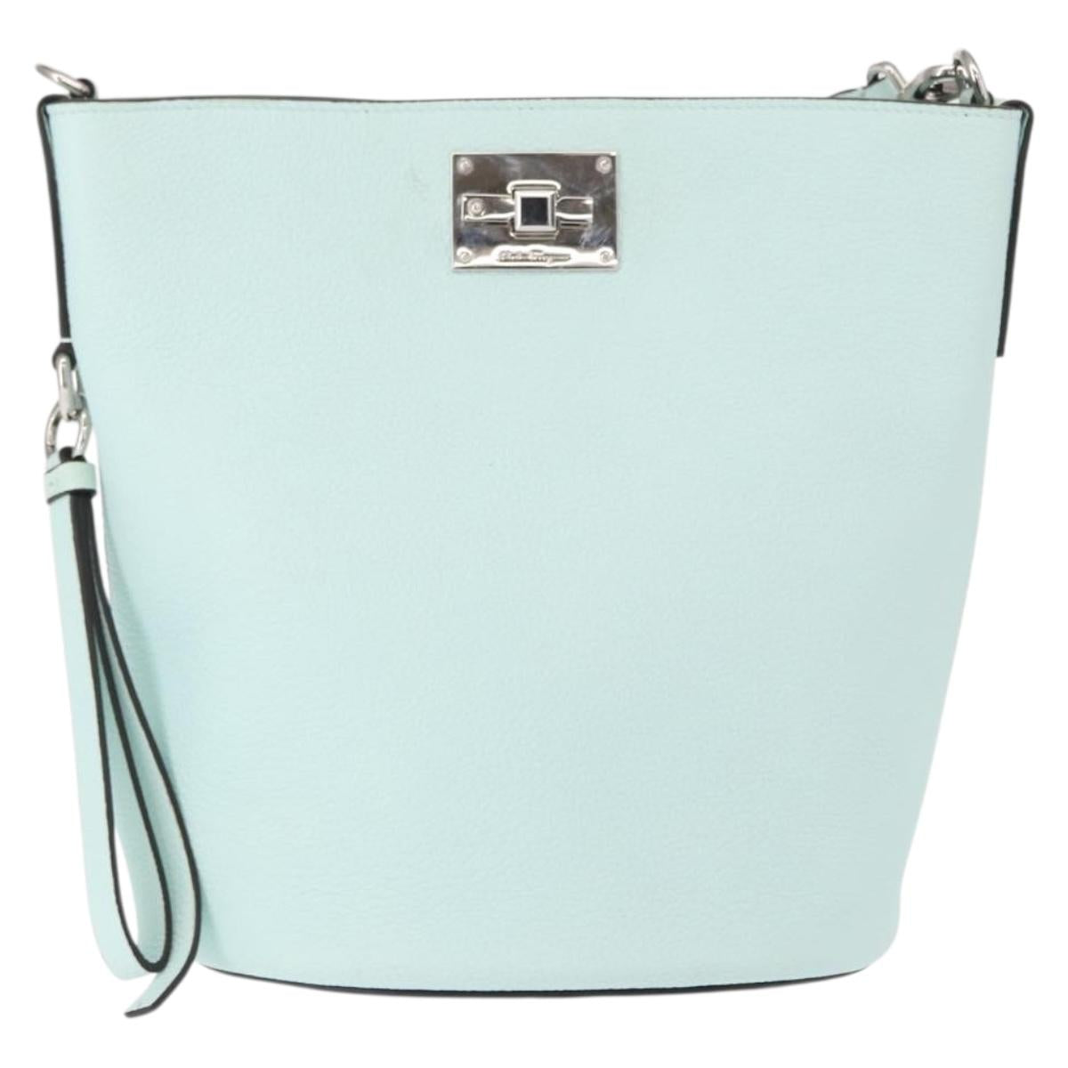 Salvatore Ferragamo Gancini Shoulder Bag Leather Light Blue Silver Auth 153957