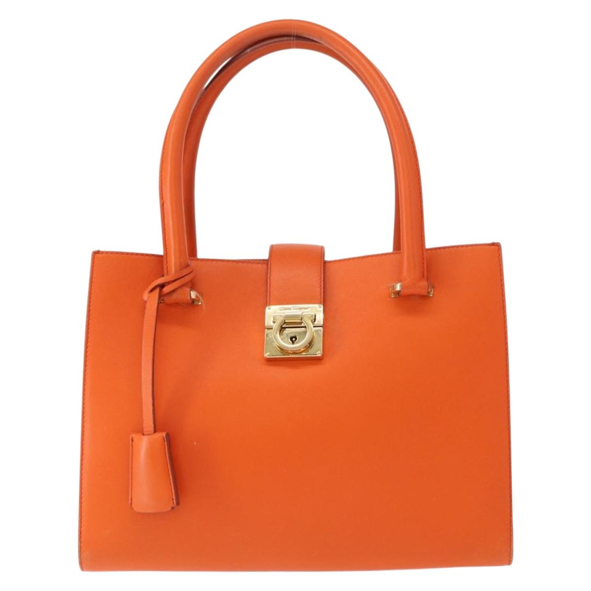 Salvatore Ferragamo Gancini Hand Bag Leather Orange Gold Auth 153961V