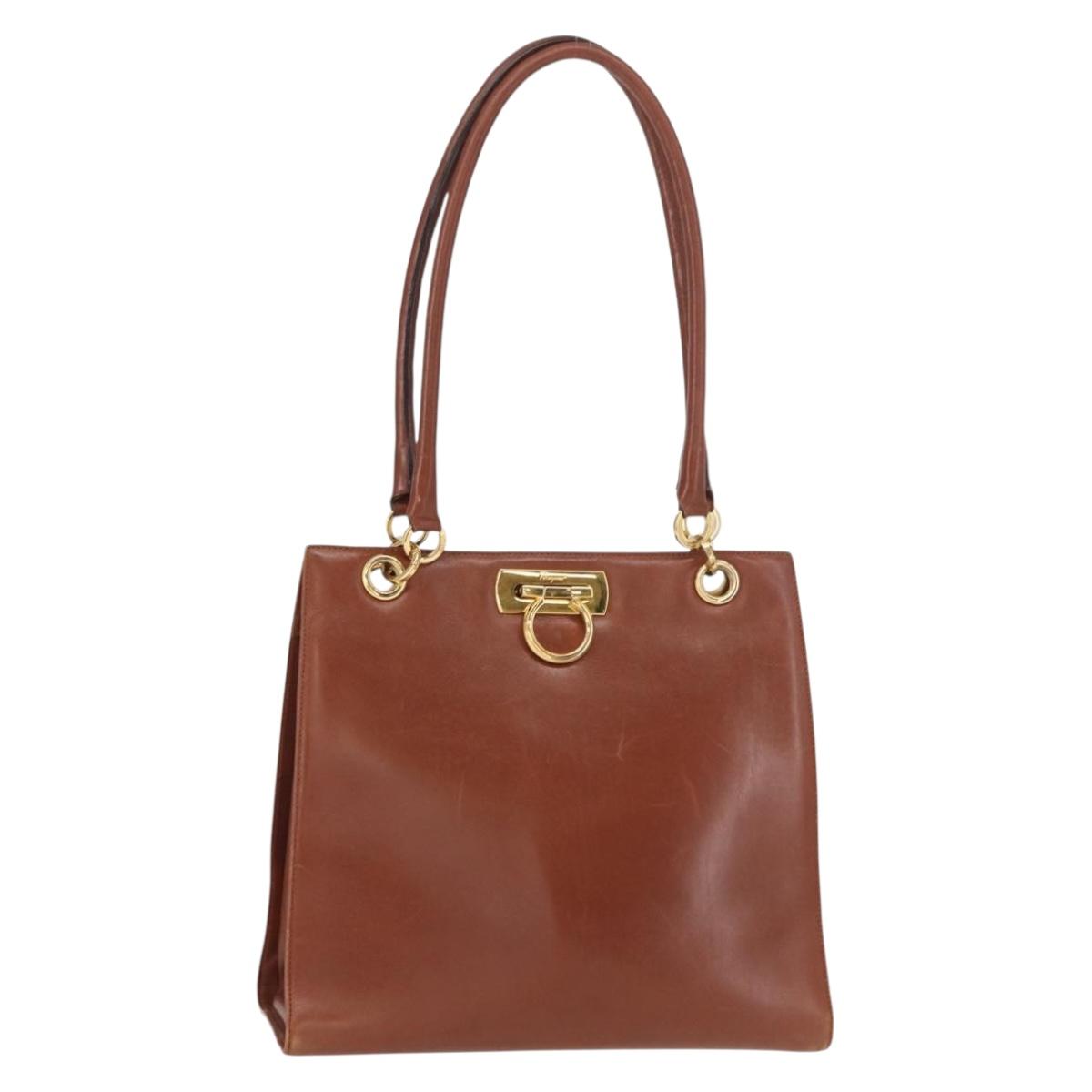 Salvatore Ferragamo Gancini Hand Bag Leather 2way Brown Gold Auth 153962