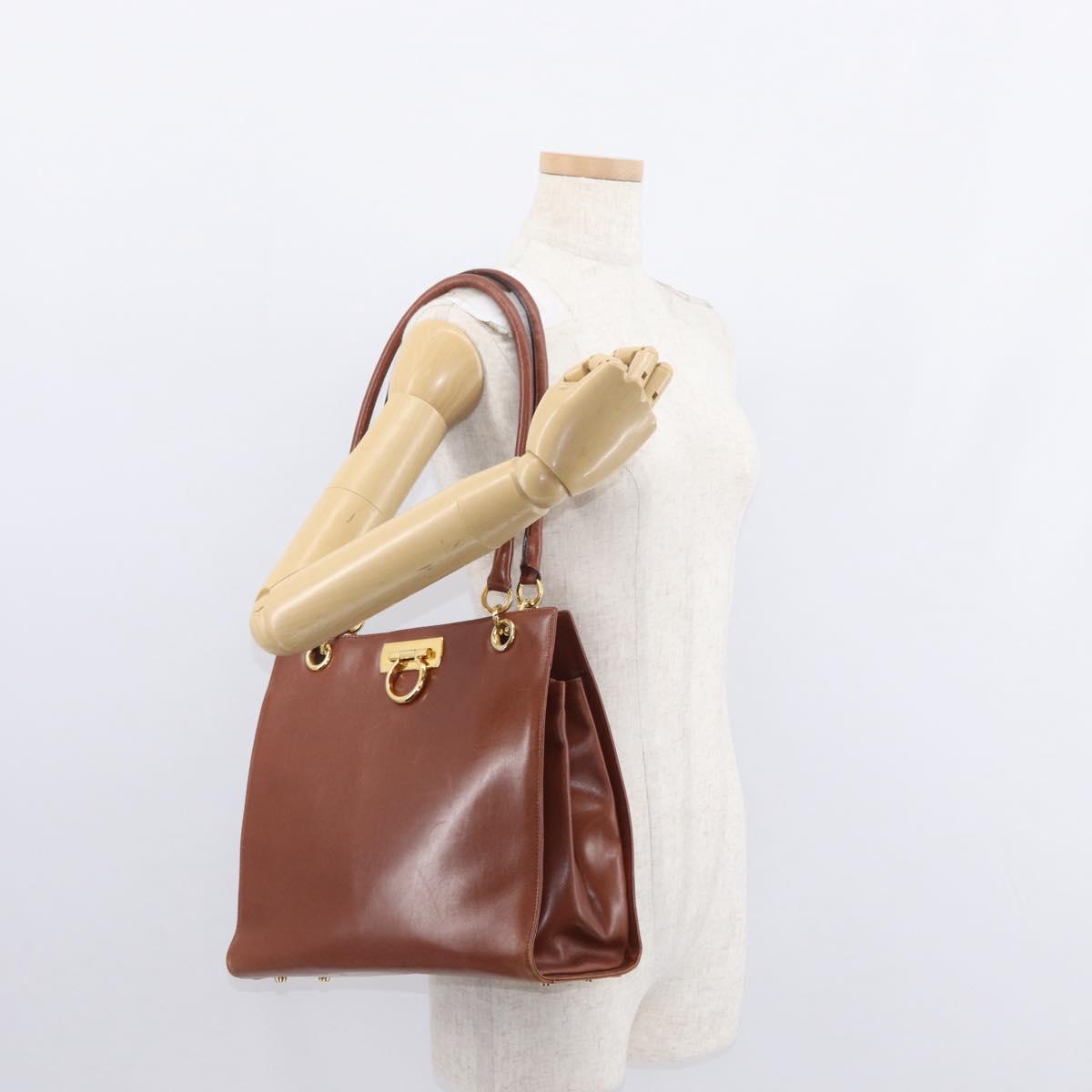 Salvatore Ferragamo Gancini Hand Bag Leather 2way Brown Gold Auth 153962