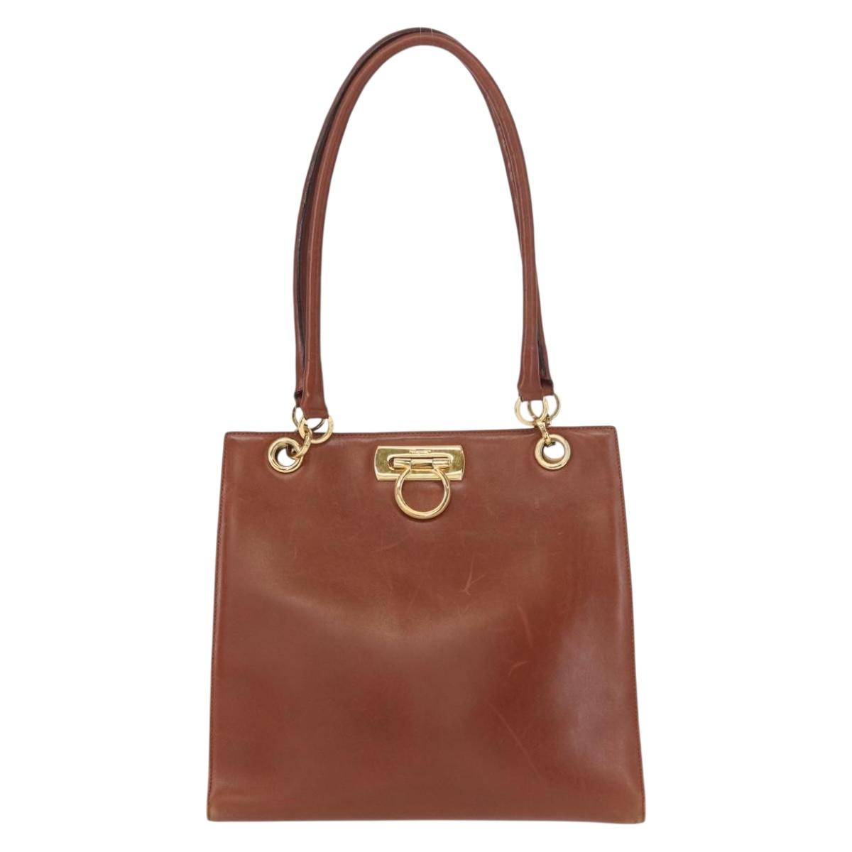 Salvatore Ferragamo Gancini Hand Bag Leather 2way Brown Gold Auth 153962
