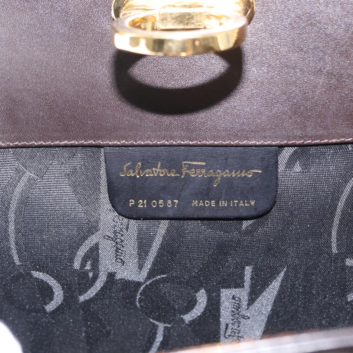 Salvatore Ferragamo Gancini Chain Hand Bag Leather Dark Brown Gold Auth 153963