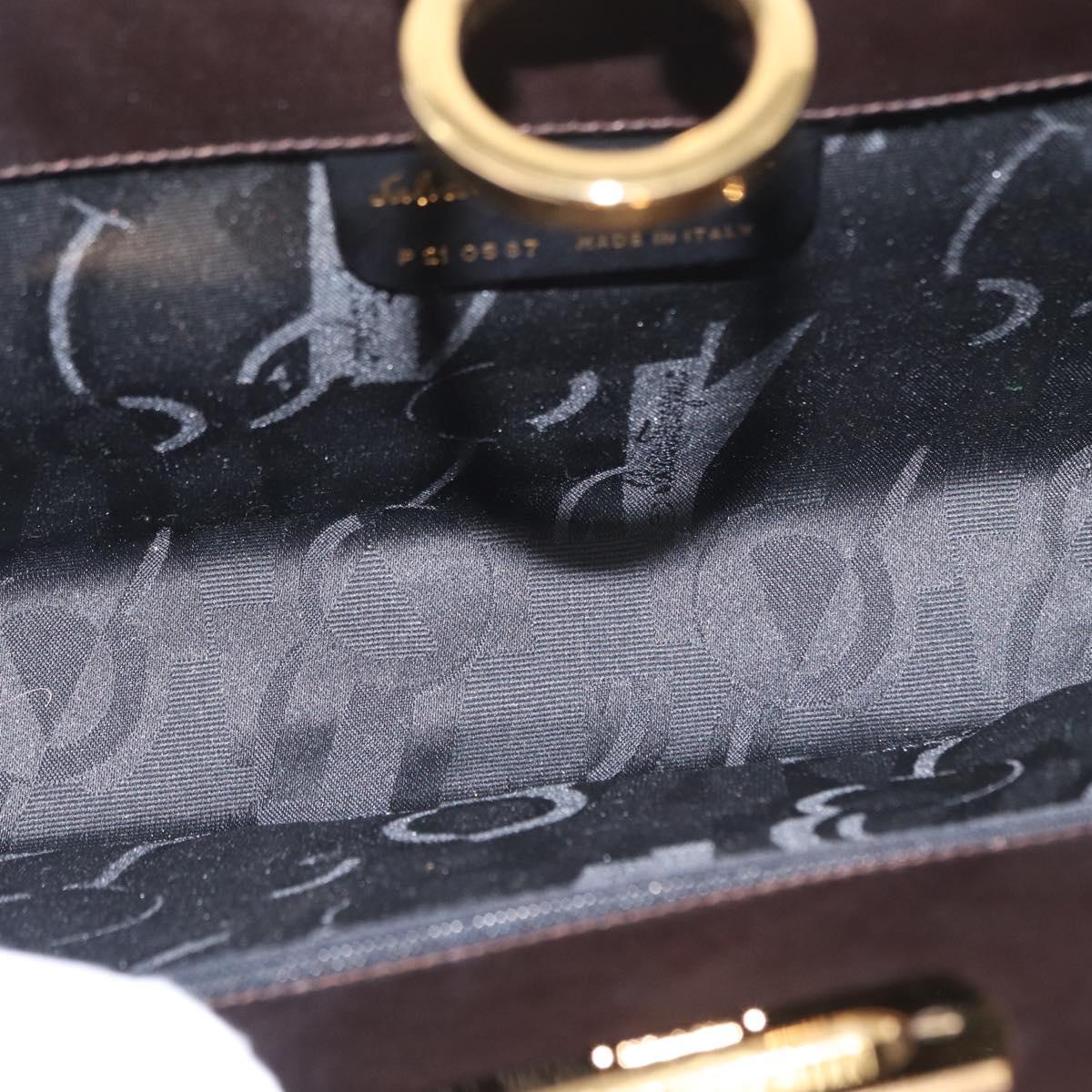 Salvatore Ferragamo Gancini Chain Hand Bag Leather Dark Brown Gold Auth 153963