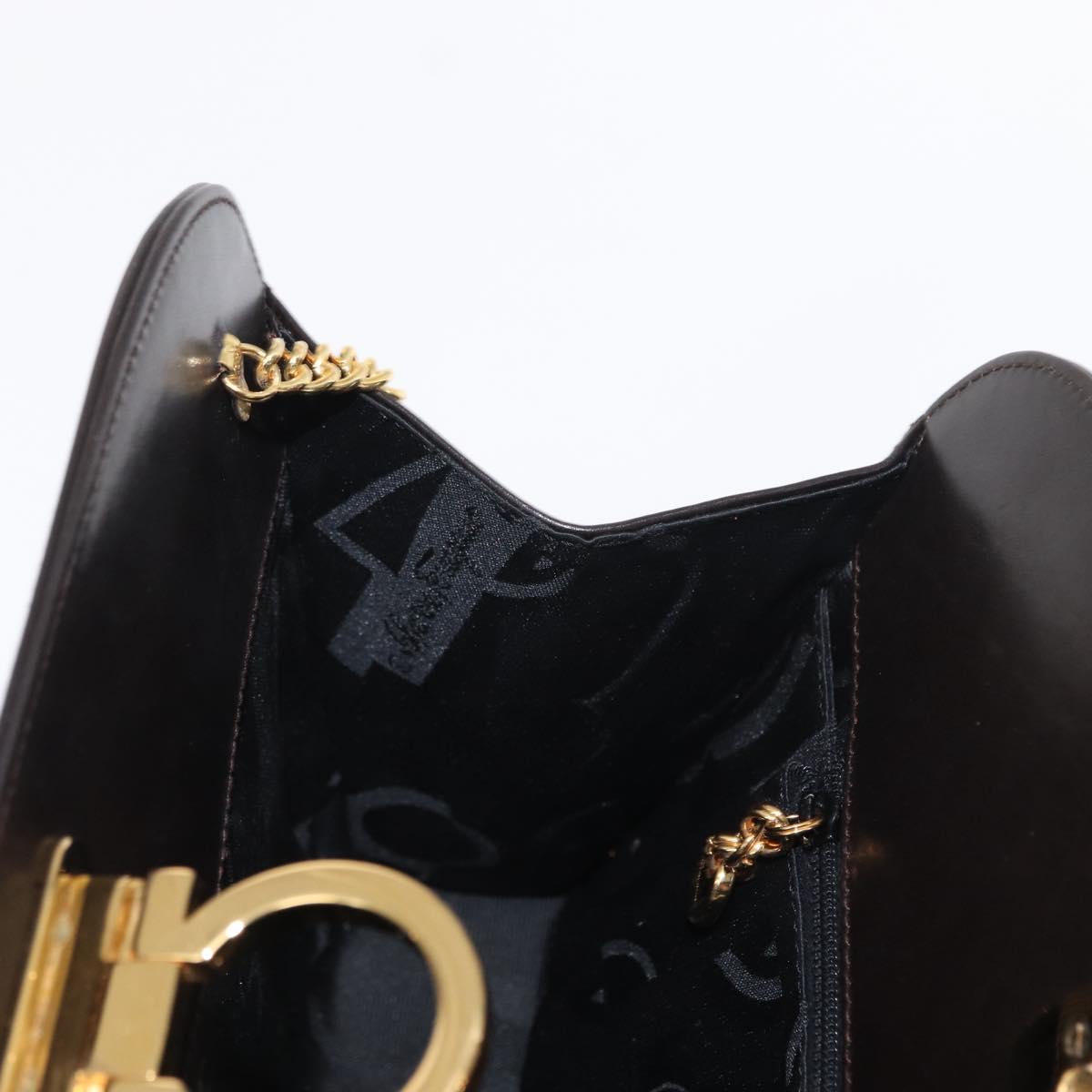 Salvatore Ferragamo Gancini Chain Hand Bag Leather Dark Brown Gold Auth 153963