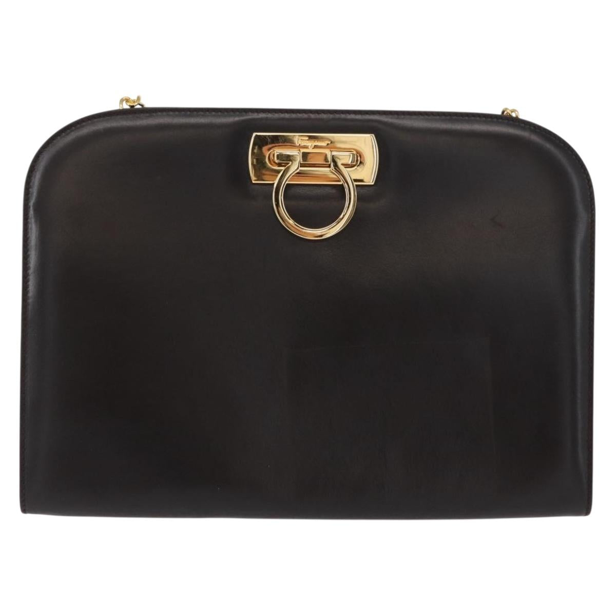 Salvatore Ferragamo Gancini Chain Hand Bag Leather Dark Brown Gold Auth 153963
