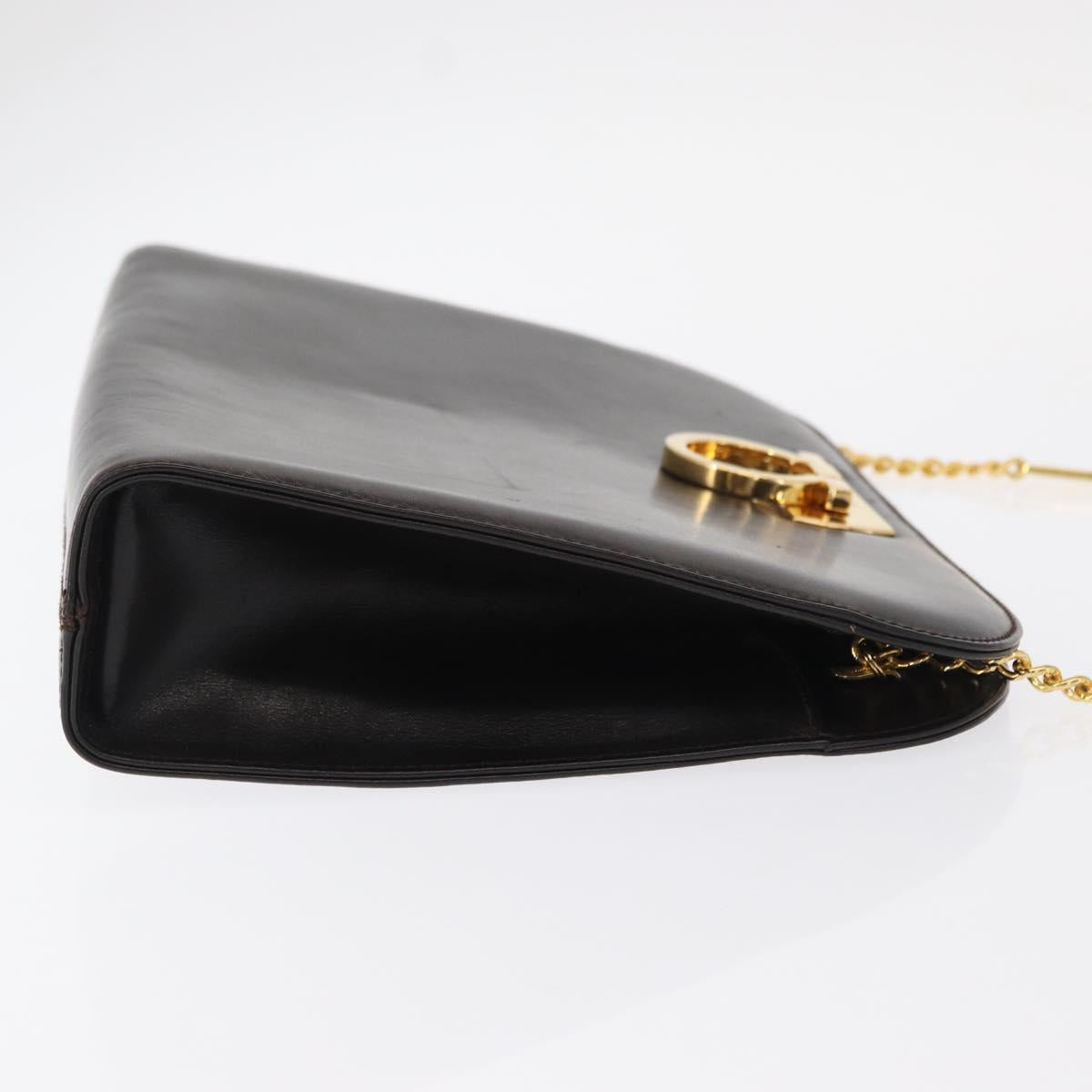 Salvatore Ferragamo Gancini Chain Hand Bag Leather Dark Brown Gold Auth 153963