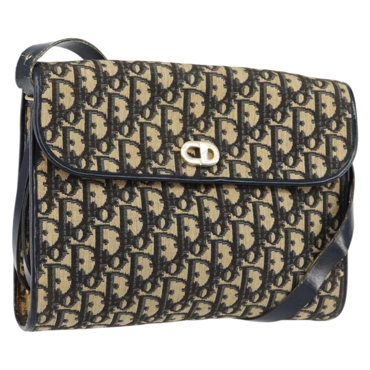 Christian Dior Trotter Canvas Shoulder Bag Navy Gold Auth 153965