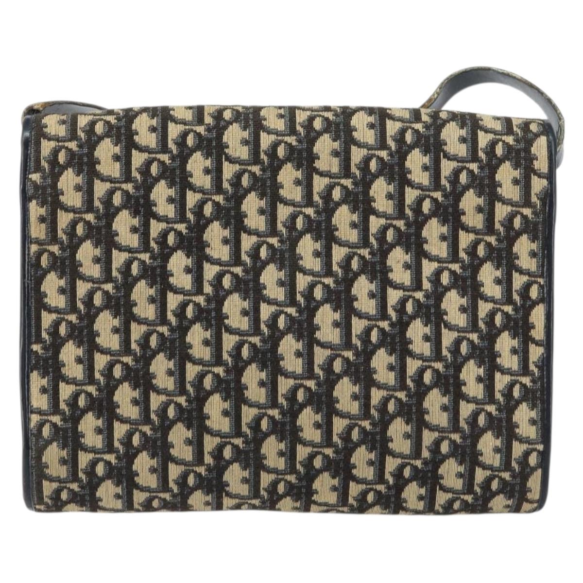 Christian Dior Trotter Canvas Shoulder Bag Navy Gold Auth 153965