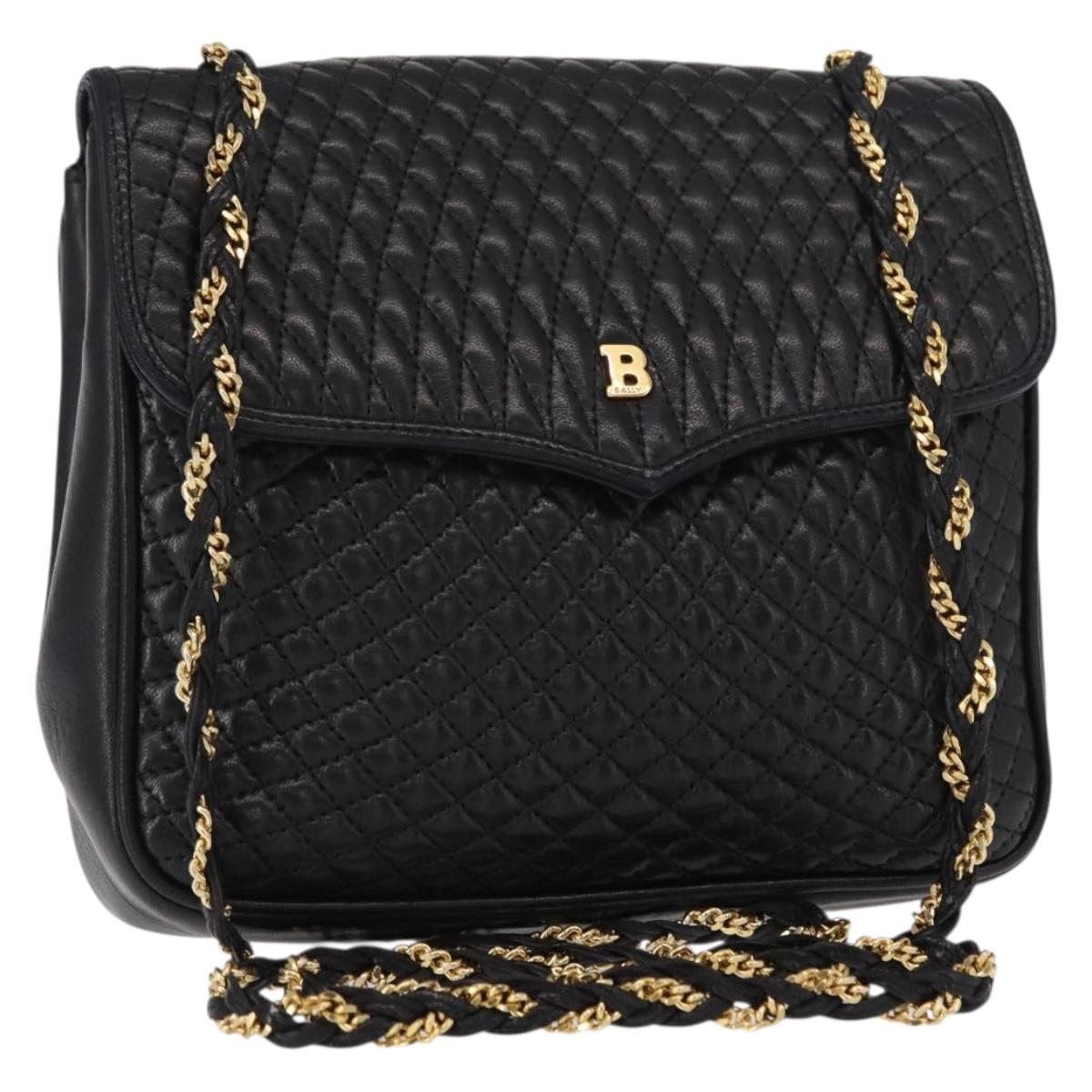 BALLY Chain Shoulder Bag Leather Black Gold Auth 153967