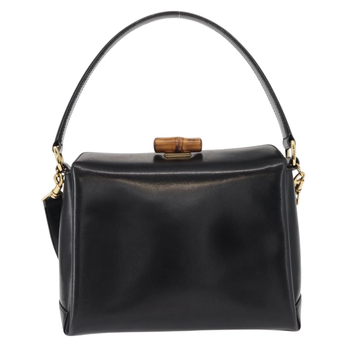 GUCCI Bamboo Hand Bag Leather 2way Black Gold Auth 153972