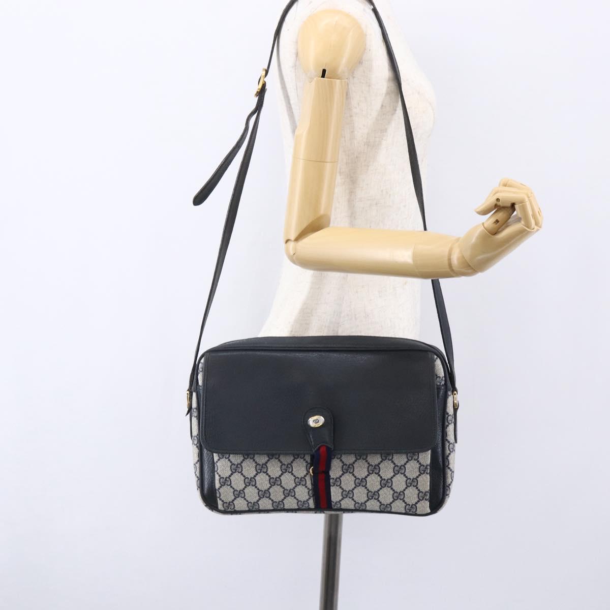 GUCCI GG Supreme Sherry Line Shoulder Bag PVC Navy Gold 904 02 063 Auth 153974