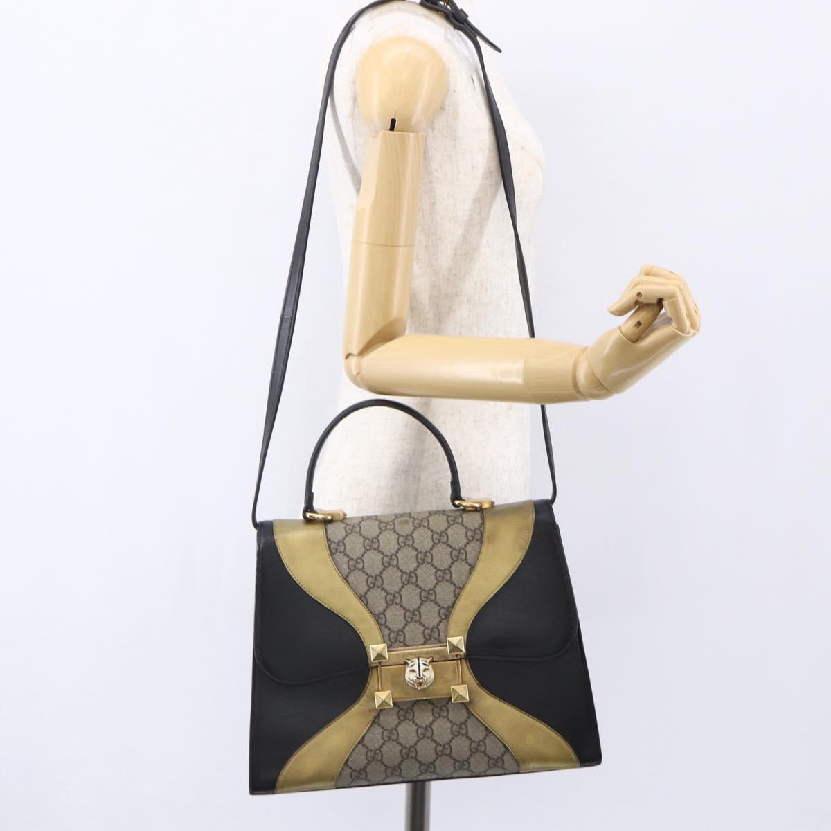 GUCCI GG Supreme Cat Head Hand Bag PVC 2way Beige Gold 476435 Auth 153975