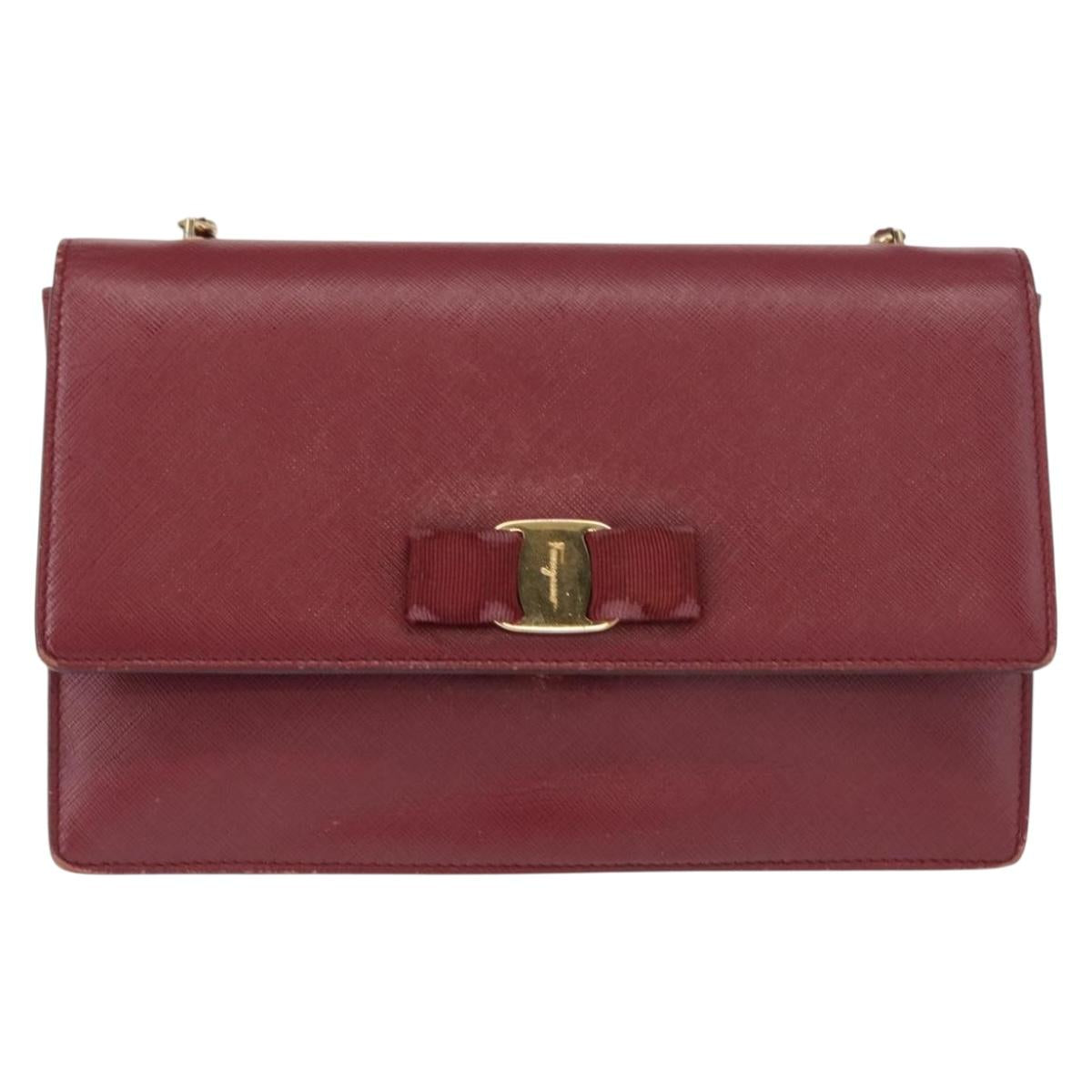 Salvatore Ferragamo Vala Chain Shoulder Bag Leather Bordeaux Gold Auth 153977