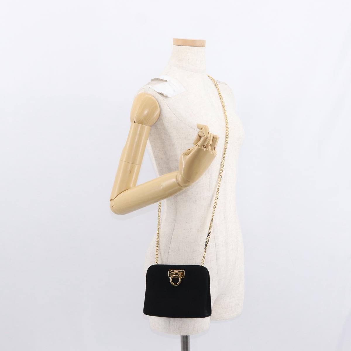 Salvatore Ferragamo Chain Gancini Shoulder Bag Suede Black Gold Auth 153978