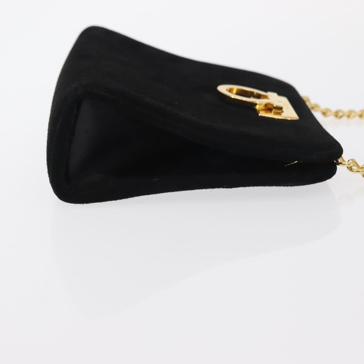 Salvatore Ferragamo Chain Gancini Shoulder Bag Suede Black Gold Auth 153978