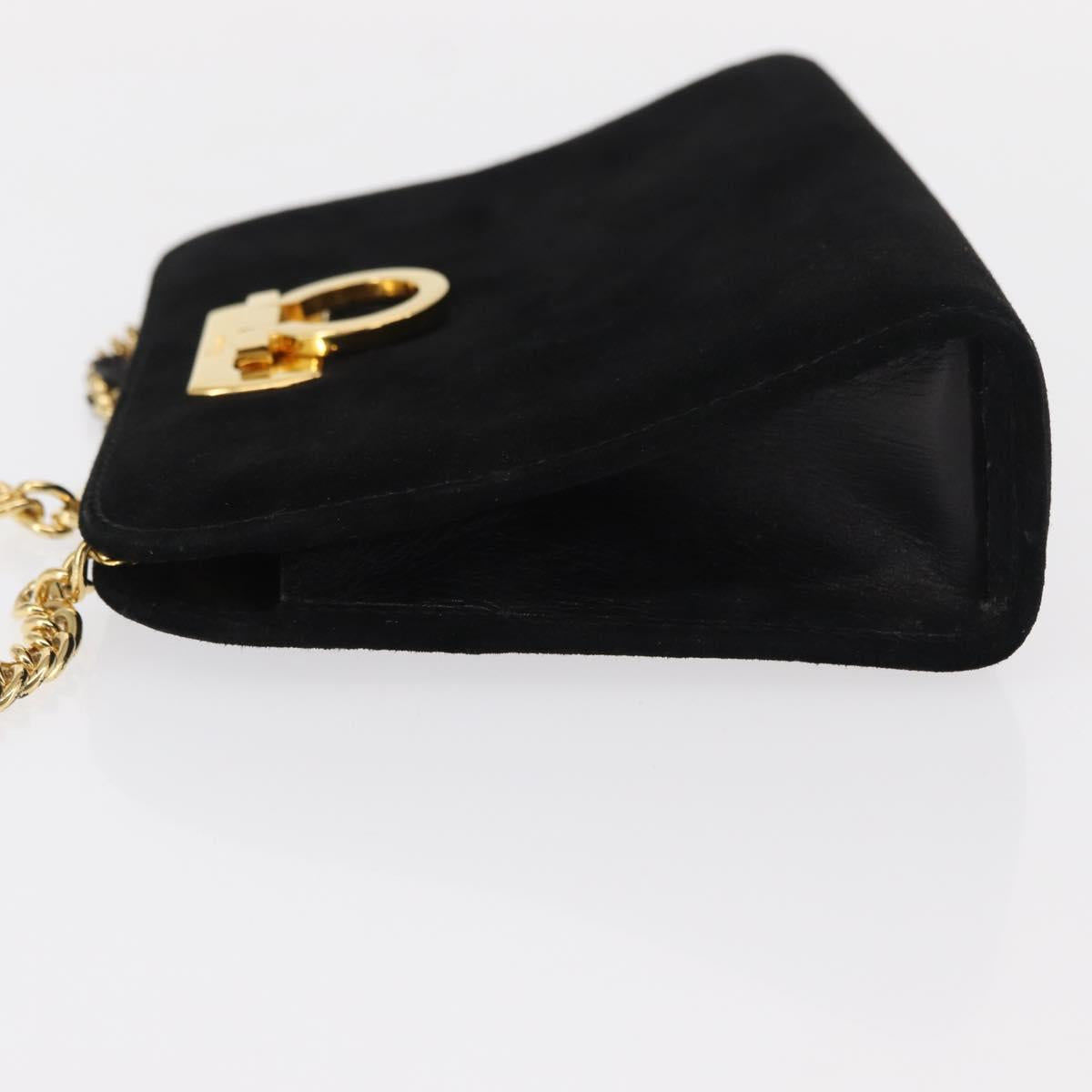 Salvatore Ferragamo Chain Gancini Shoulder Bag Suede Black Gold Auth 153978