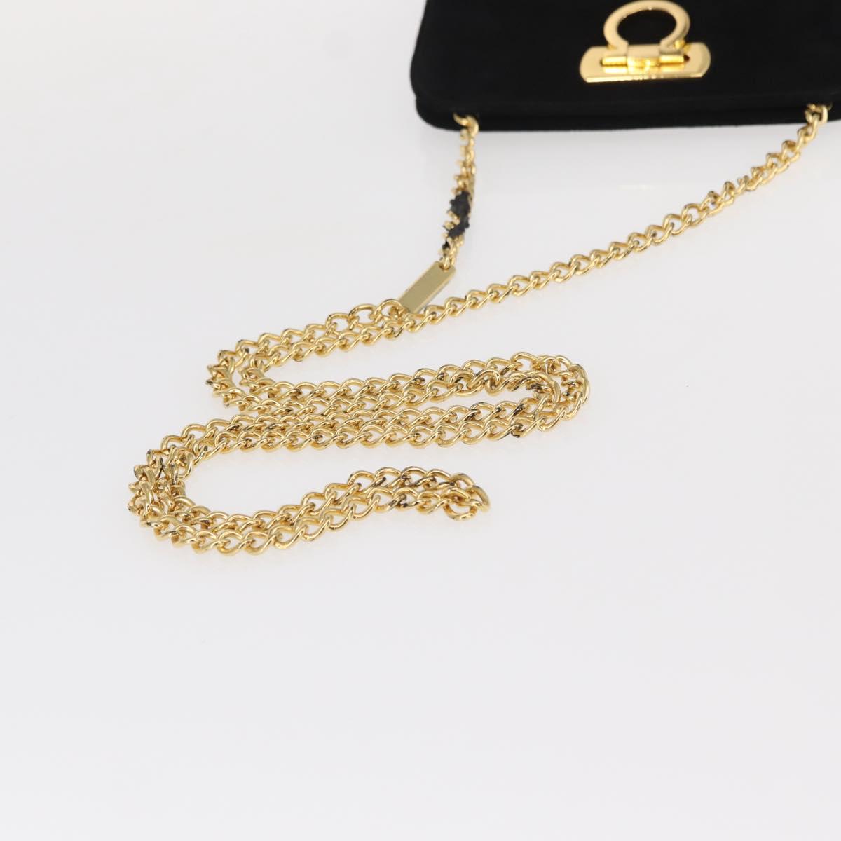 Salvatore Ferragamo Chain Gancini Shoulder Bag Suede Black Gold Auth 153978