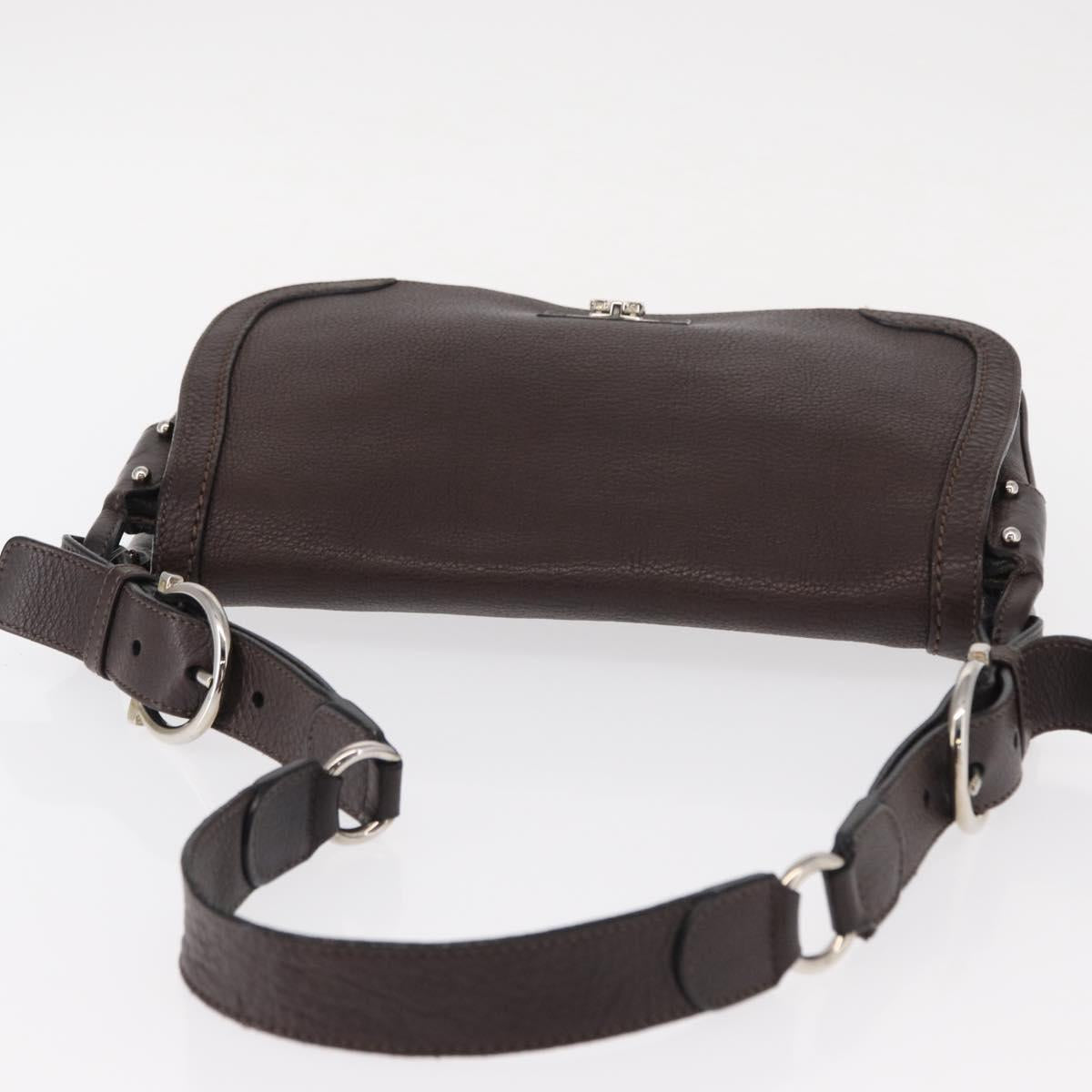 Salvatore Ferragamo Gancini Shoulder Bag Leather Dark Brown Silver Auth 153981