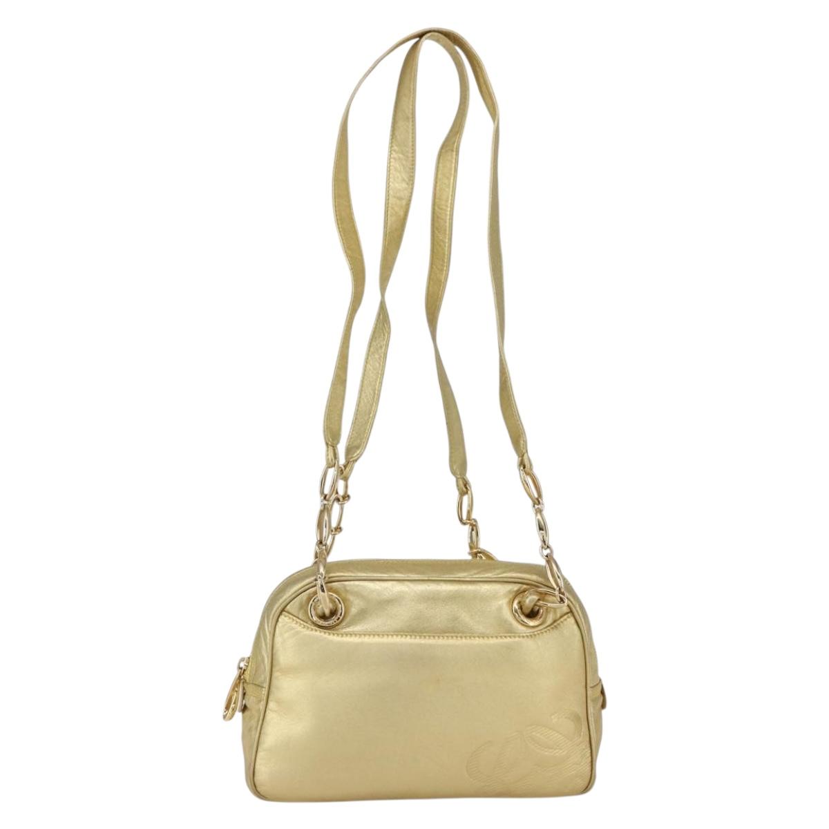 LOEWE Anagram Shoulder Bag Leather Gold Auth 153984
