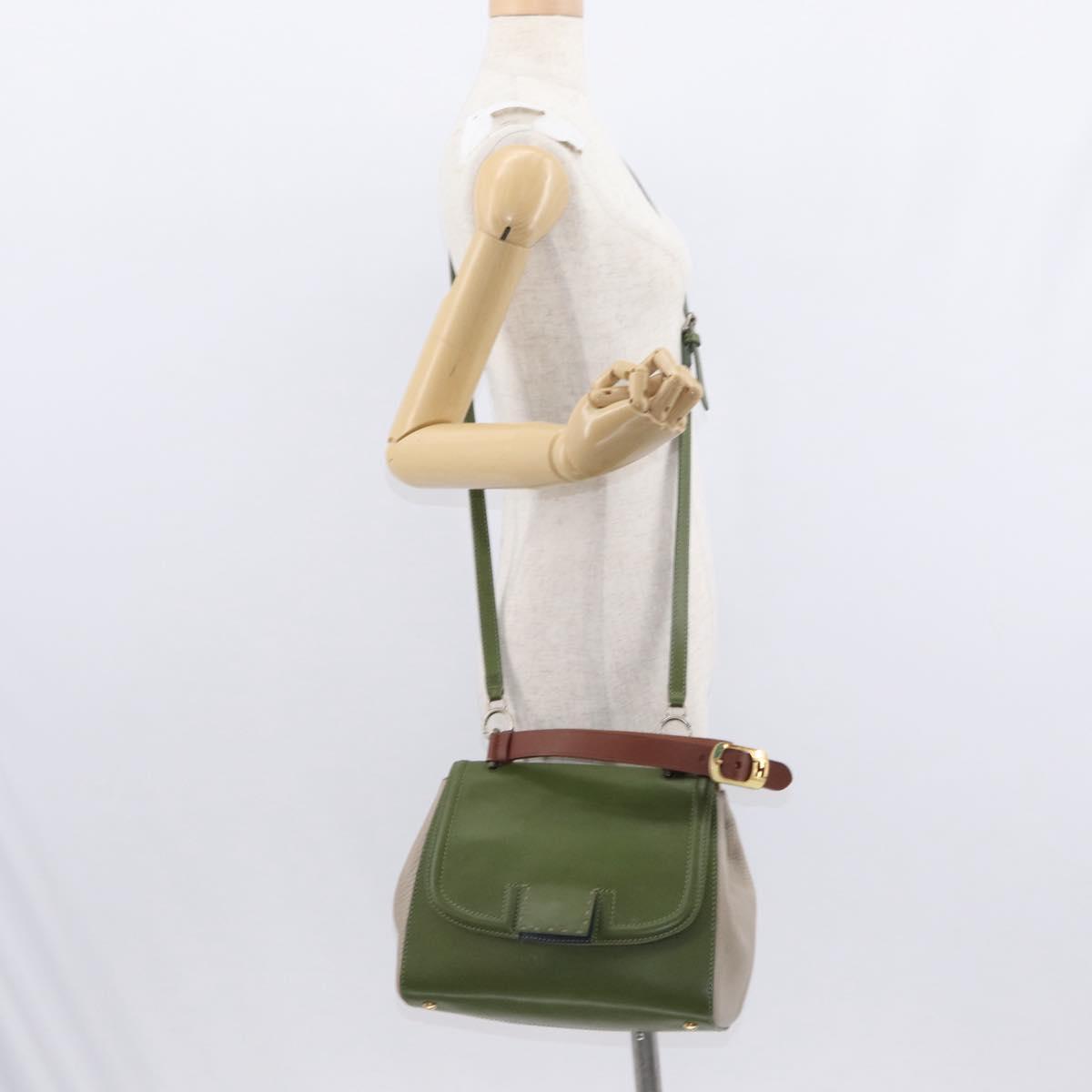 FENDI Silvana Hand Bag Leather 2way Green Gold Auth 153992