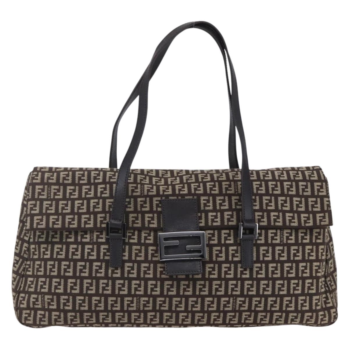 FENDI Zucchino Canvas Mamma Baguette Shoulder Bag Beige Brown Auth 153995