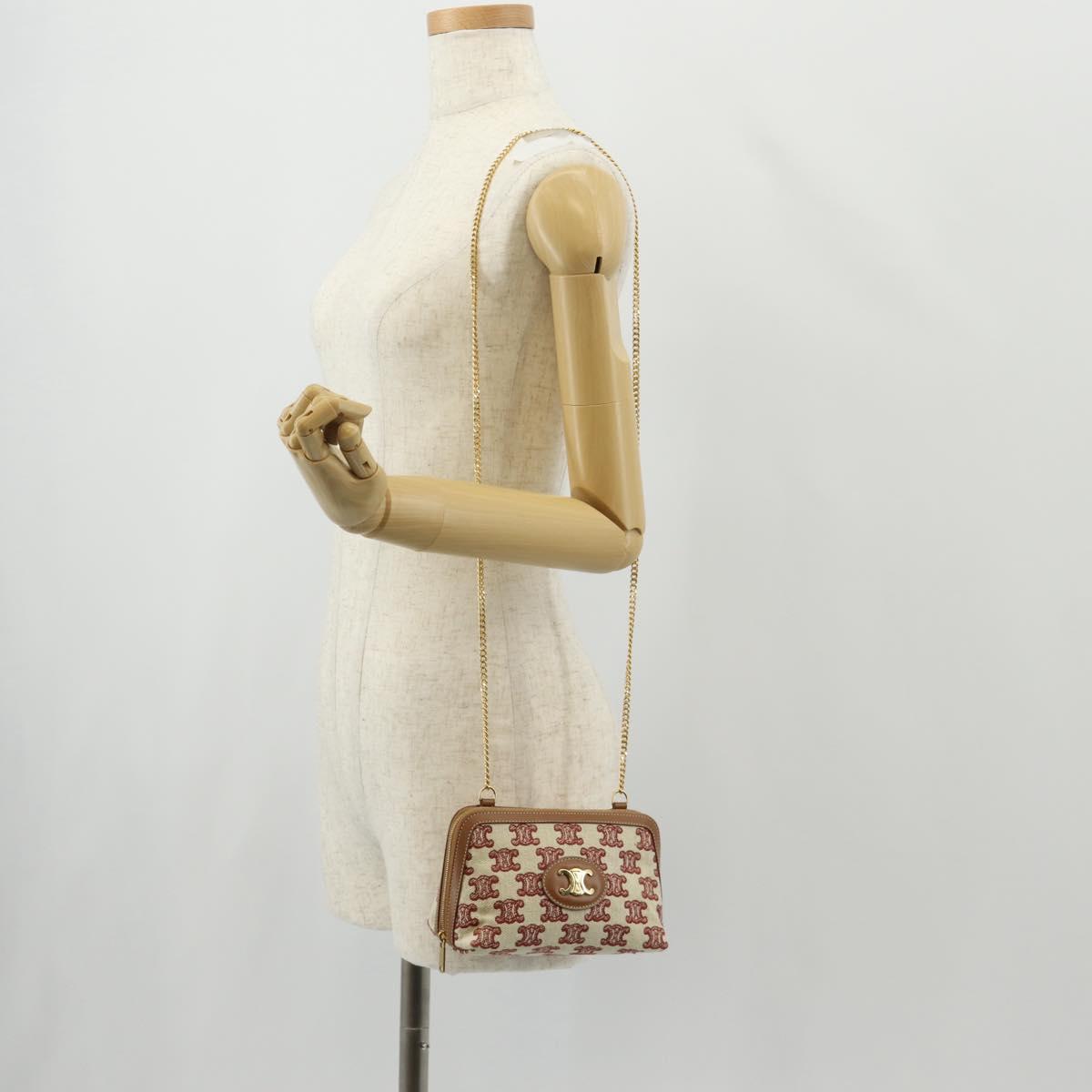 CELINE Triomphe Macadam Canvas Chain Shoulder Bag Canvas Beige Gold Auth 154016M