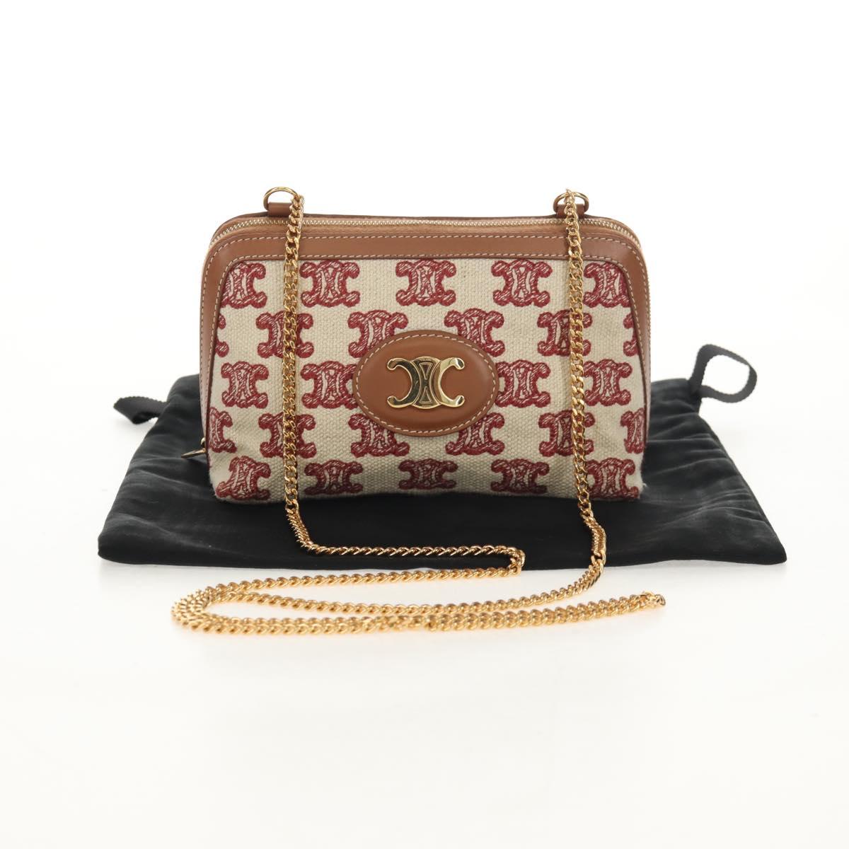 CELINE Triomphe Macadam Canvas Chain Shoulder Bag Canvas Beige Gold Auth 154016M