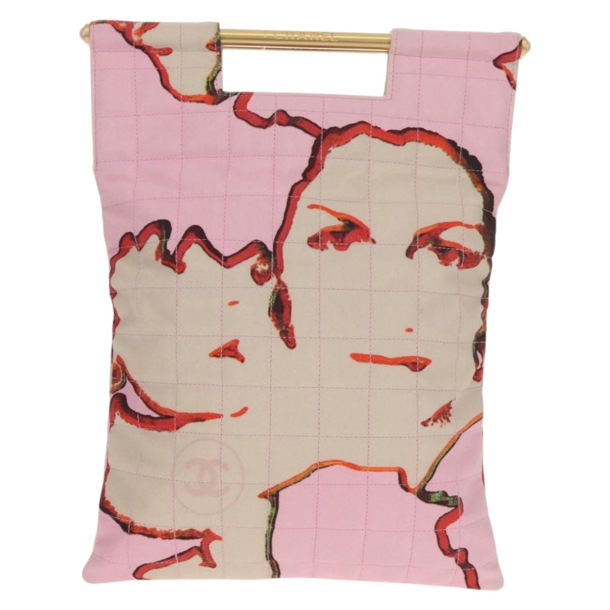 CHANEL Choco Bar Hand Bag Canvas Gold Pink CC Auth 154030M