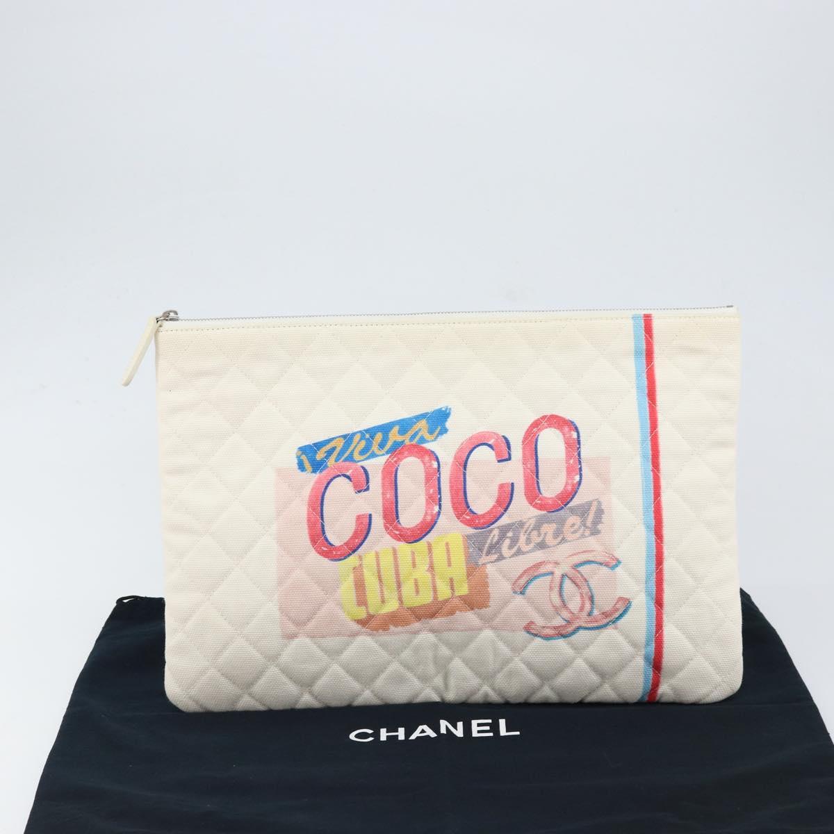 CHANEL Matelasse Clutch Bag Canvas White Silver CC Auth 154040