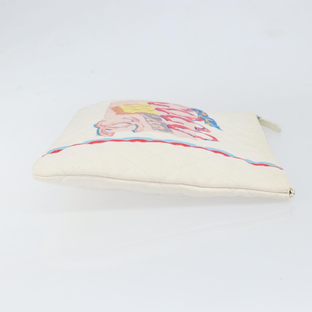 CHANEL Matelasse Clutch Bag Canvas White Silver CC Auth 154040