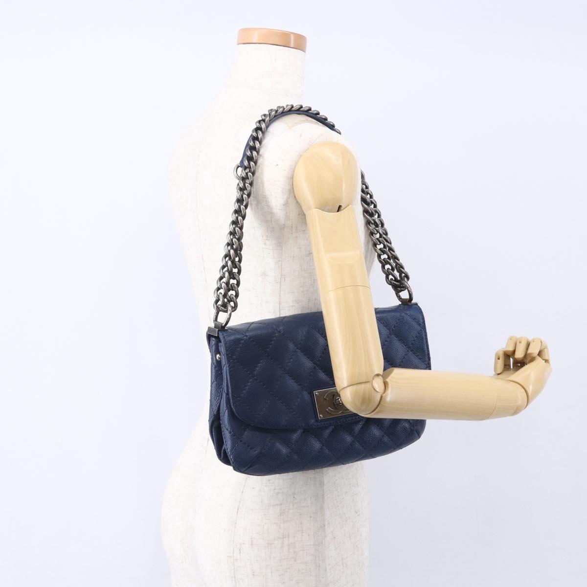 CHANEL Matelasse Chain Shoulder Bag Caviar Skin Navy CC Auth 154046SAM
