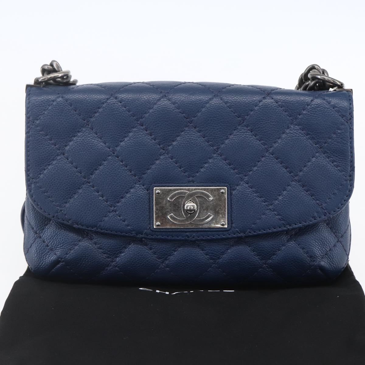 CHANEL Matelasse Chain Shoulder Bag Caviar Skin Navy CC Auth 154046SAM